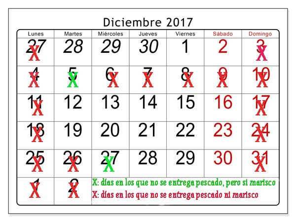 Calendario entregas de marisco gallego y pescado fresco en diciembre 2017